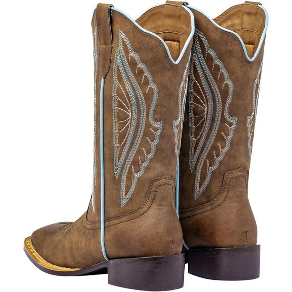 Women's Brown Leather Square Toe Embroidered Knee High Western Cowgirl Boots - Picture 9 of 9